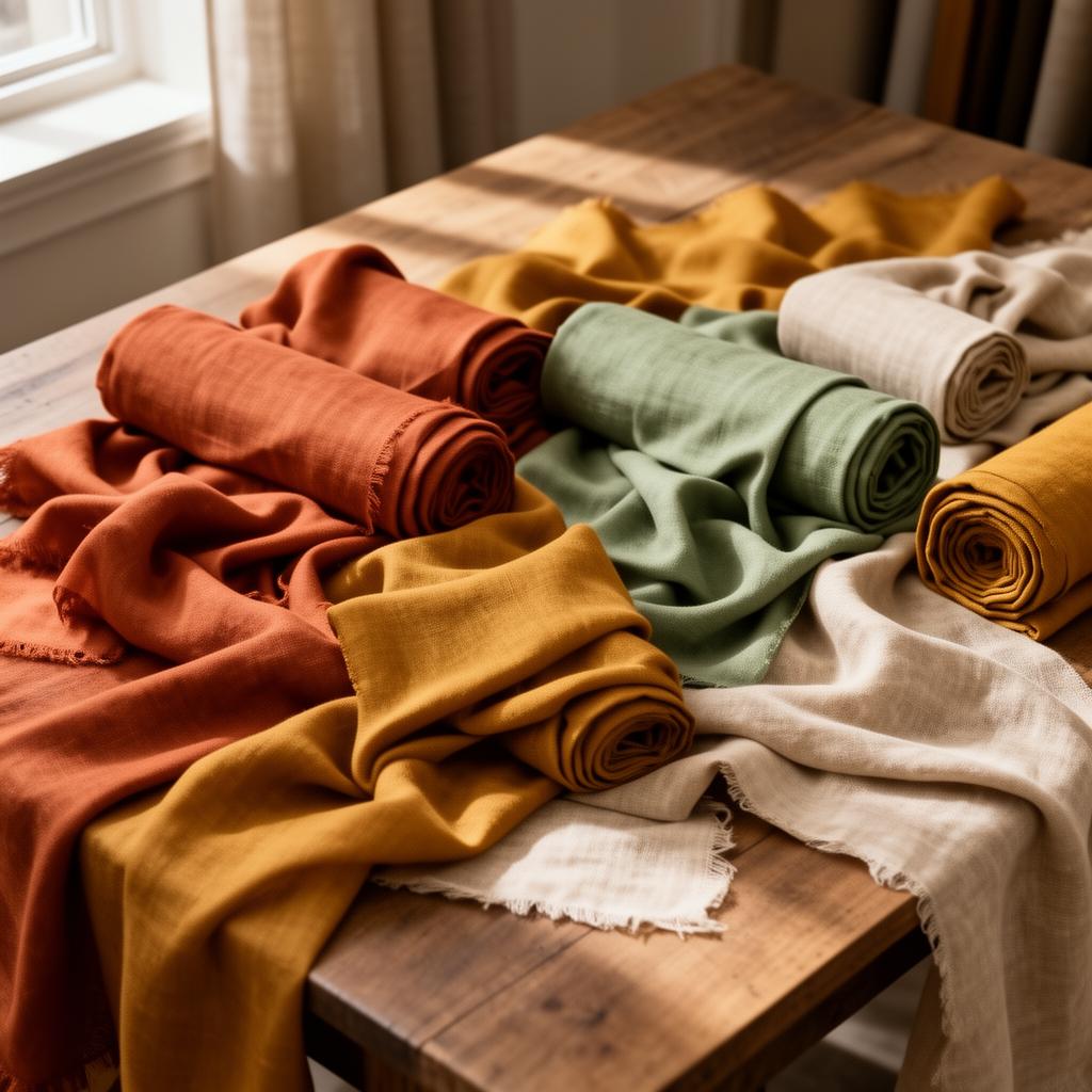 Draped fabrics in ivory, charcoal and warm sand